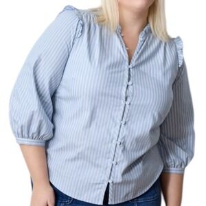 Women's LC Lauren Conrad Blue Stripes 3/4 Sleeve Plus‎ Size 3X Blouse Button-Up